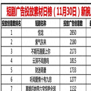 30日短剧投流日榜TOP20:九阳天师魔临新上榜